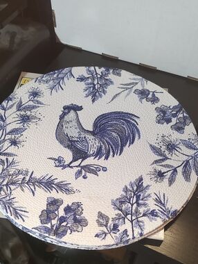 Blue Rooster Round Placemats Set - Blue and White Set Of 4 New